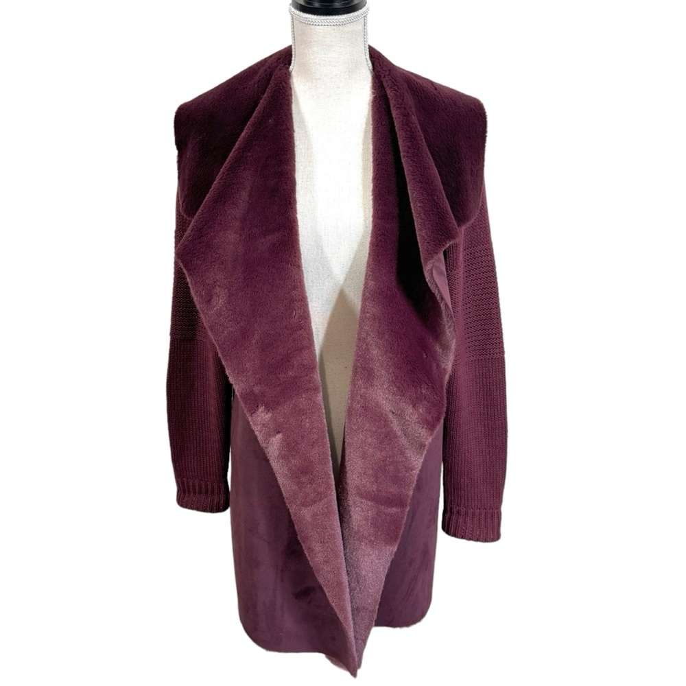 Fever Burgundy Faux Fur Faux Suede Mixed Media Sweater Size M Longline Boho